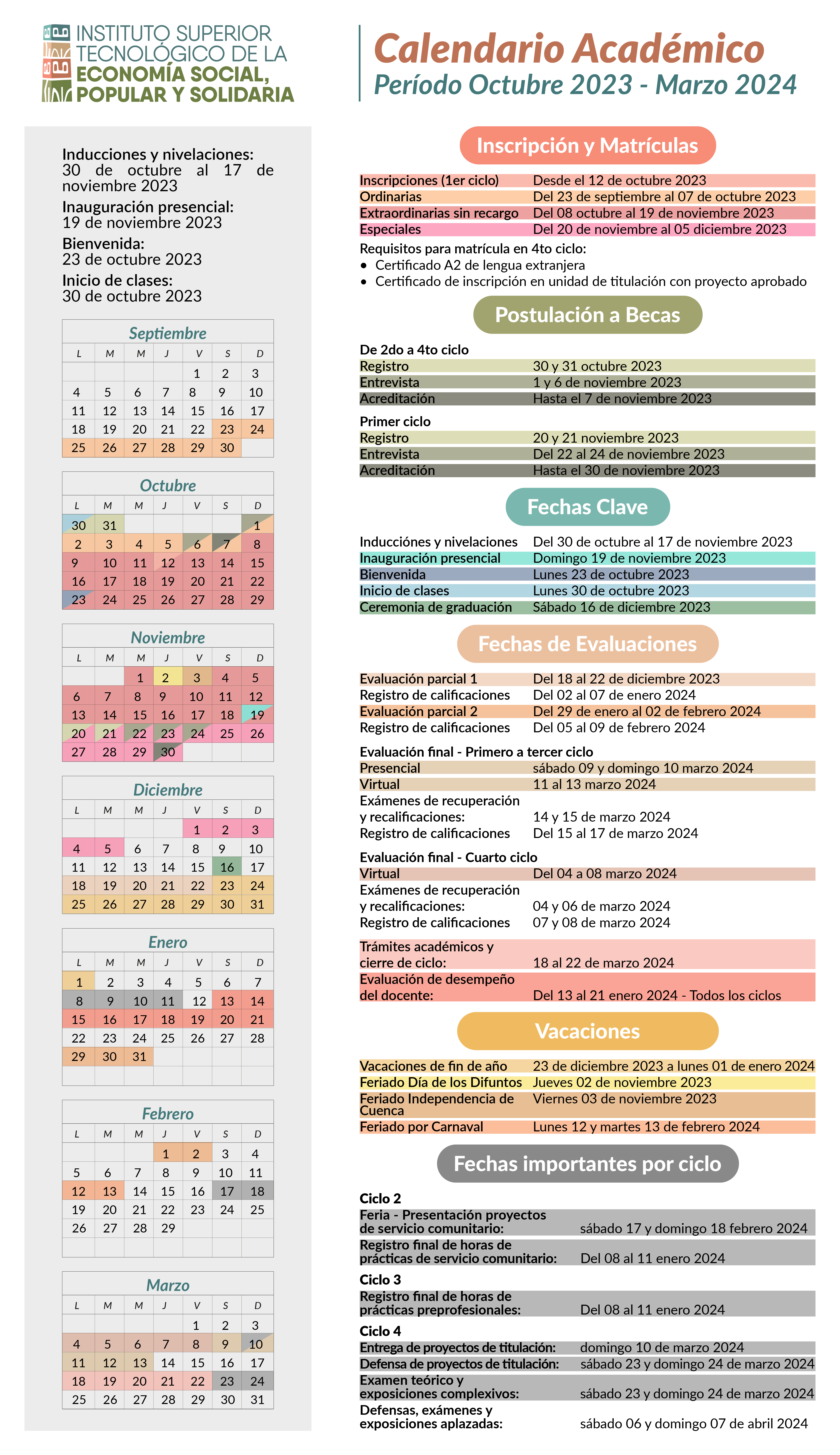 Calendario Académico ISTEPS Periodo académico octubre 2023 a marzo 2024